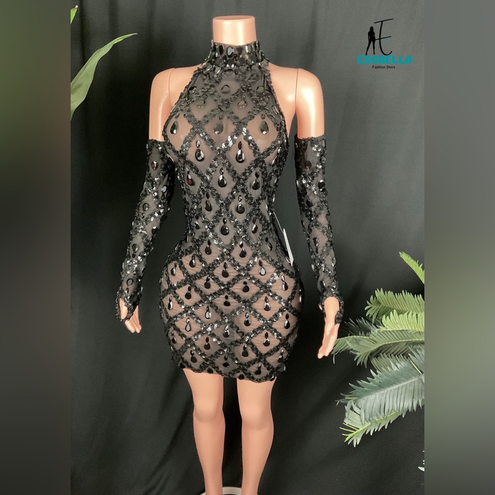 Crystal Rhinestone Embellished Mini Dress with Matching Long Hand Gloves